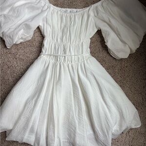 Altar'd State White Off-Shoulder Mini Dress with Ruffled Pleats